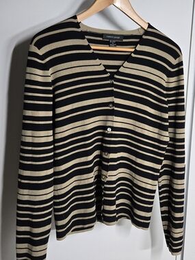 Cable & Gauge Black & Tan Striped V-Neck Button Cardigan Viscose Blend Womens L